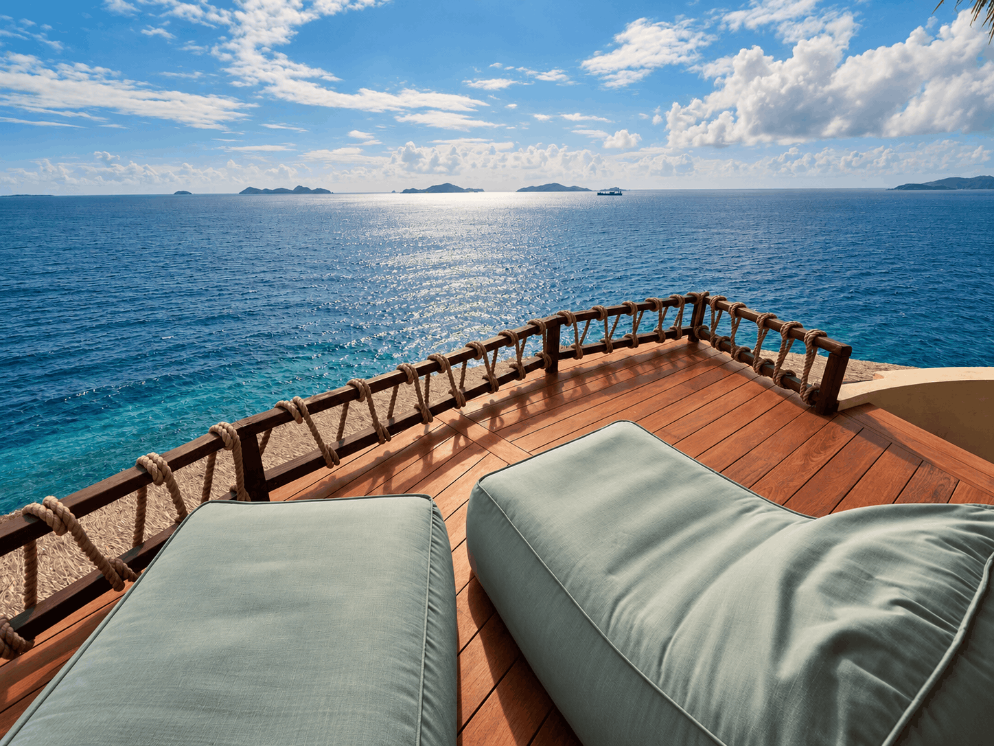 Ocean view lounge chairs on a private deck at The Aerial, BVI