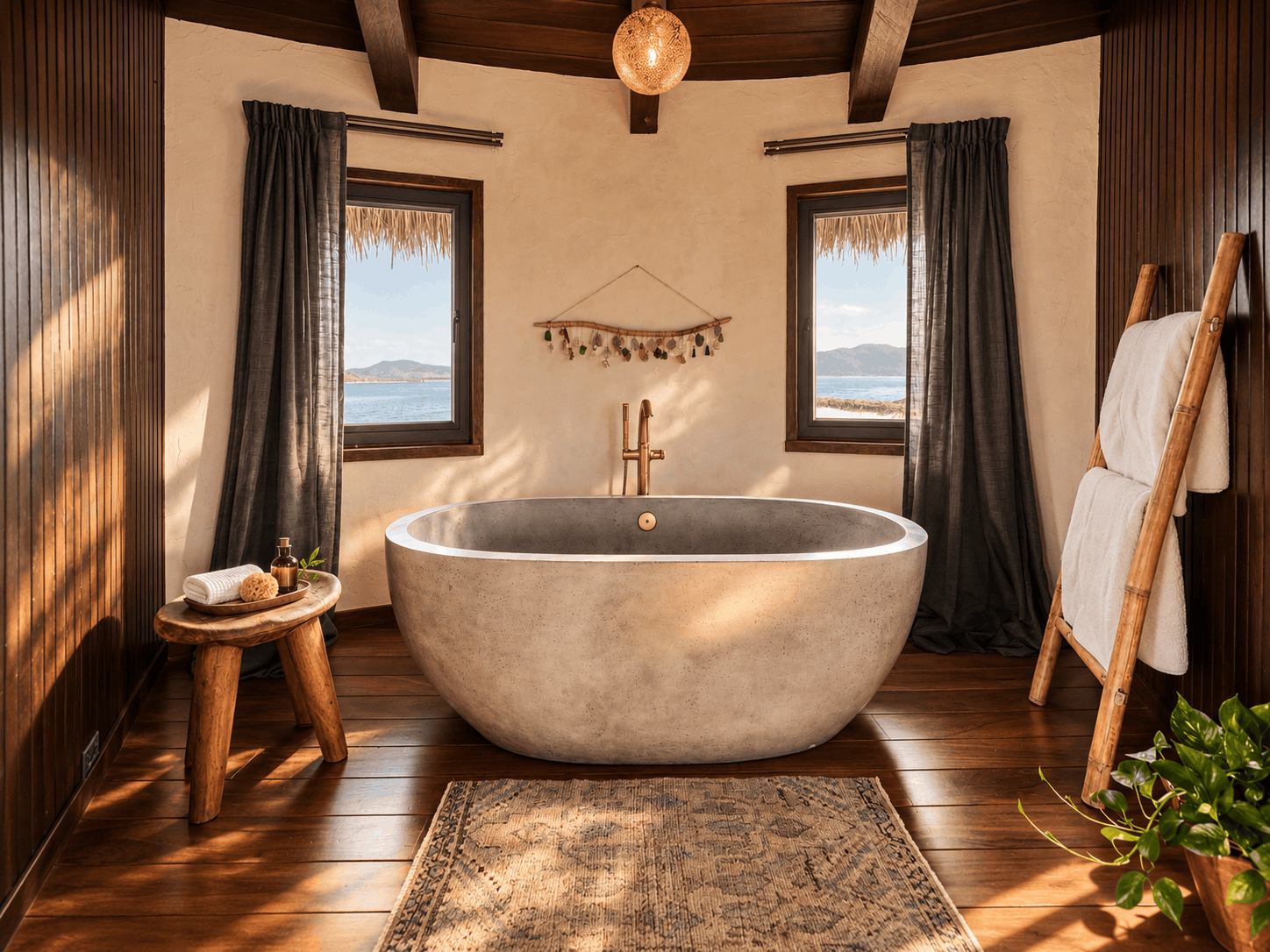 Freestanding tub between two ocean-view windows at The Aerial, BVI