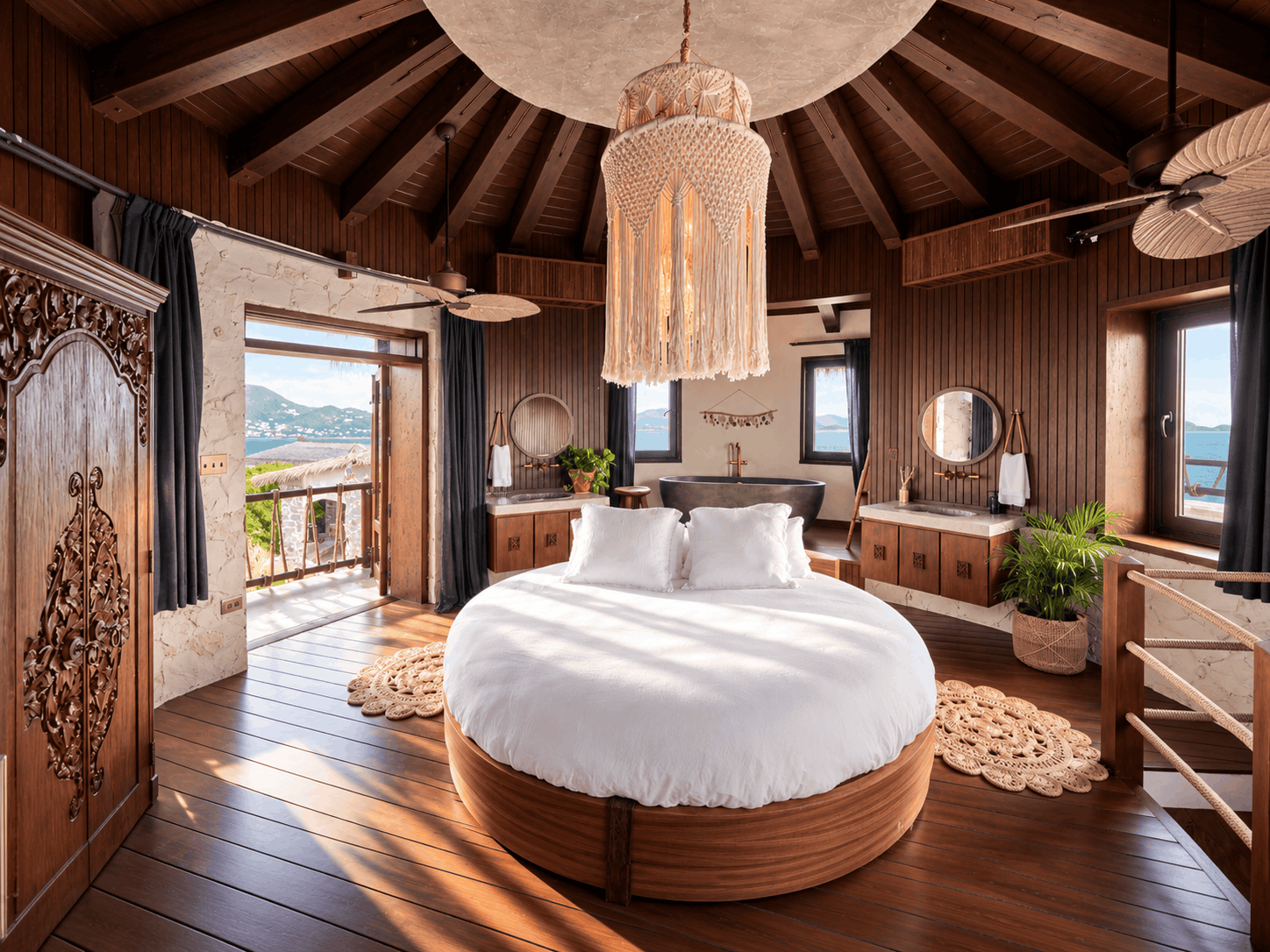 Round bed and open bathroom in a guest room at The Aerial, BVI