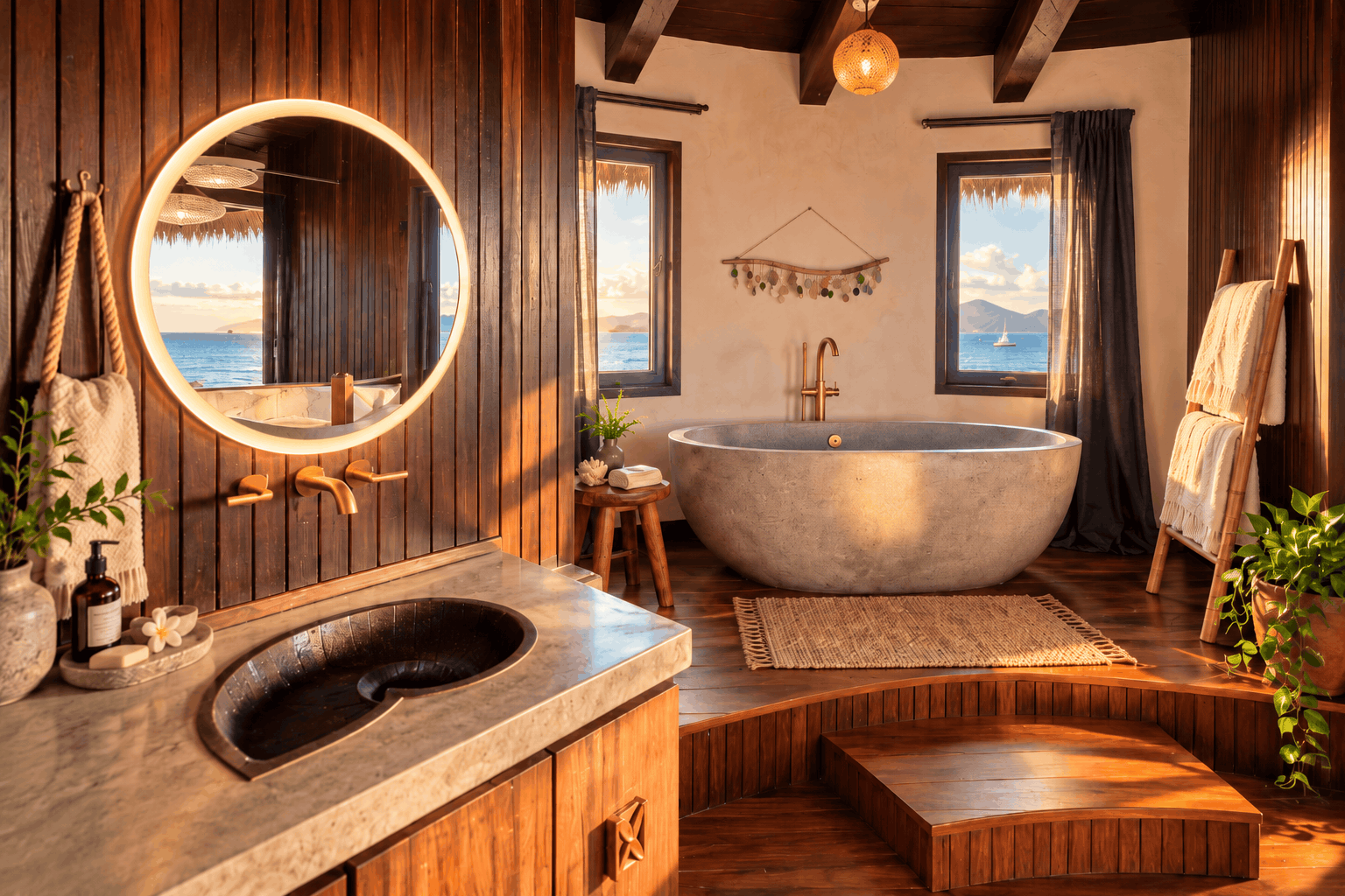 Bathroom with a freestanding stone tub and round mirror at The Aerial, BVI