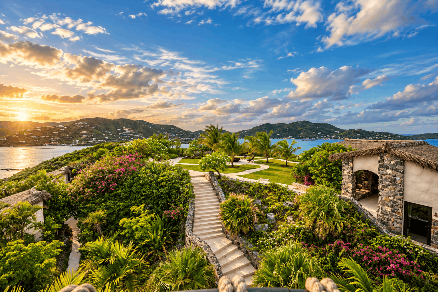 View of the island grounds and neighboring hills from a room balcony at The Aerial, BVI