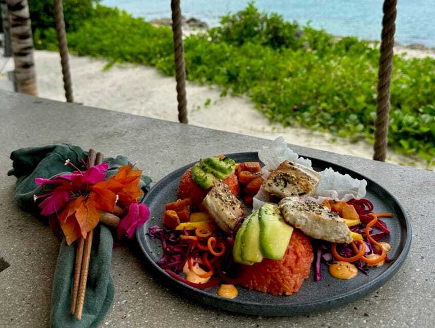 Plated dish from The Aerial, BVI's Healing Food & Drink menu