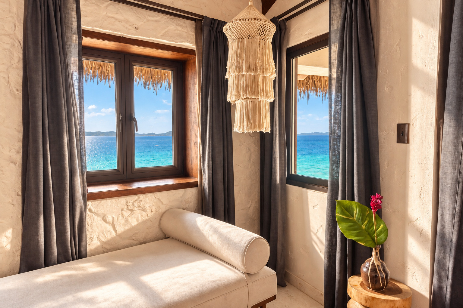 Daybed nook with macrame chandelier and ocean-view windows at The Aerial, BVI