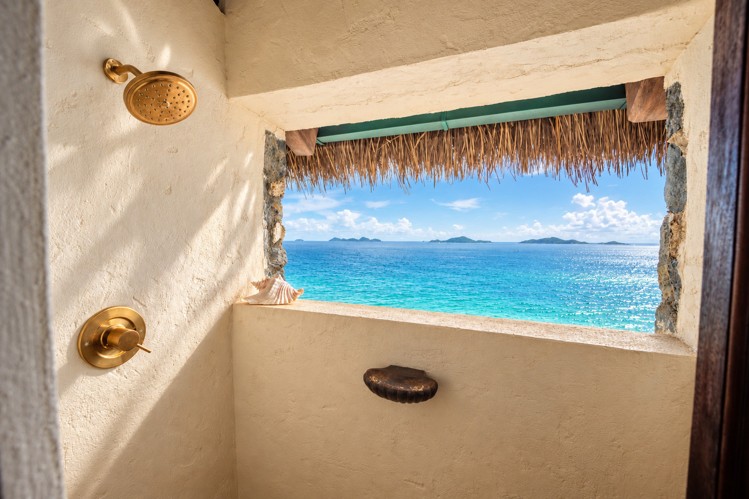 Outdoor shower with ocean view through a stone wall opening at The Aerial, BVI