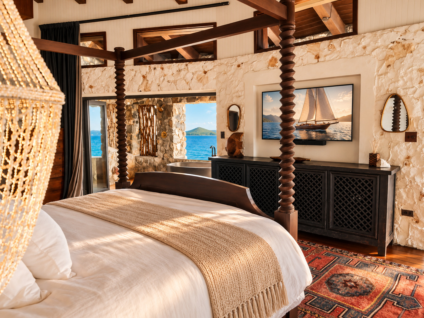 Room view - Four-poster bed with stone wall backdrop at The Aerial, BVI