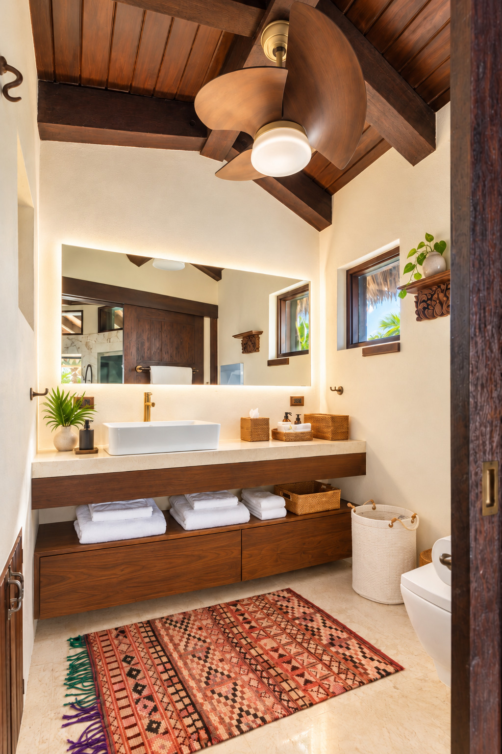 Bathroom vanity with backlit mirror and open shelving at The Aerial, BVI