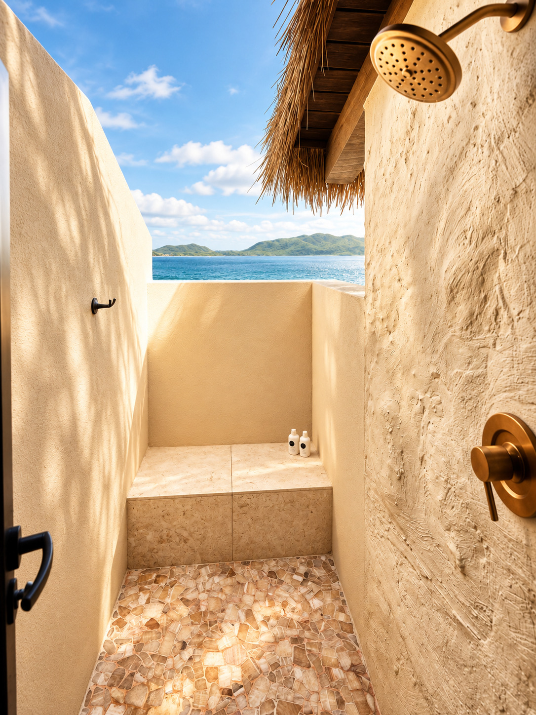 Outdoor shower with stone walls and ocean view.
