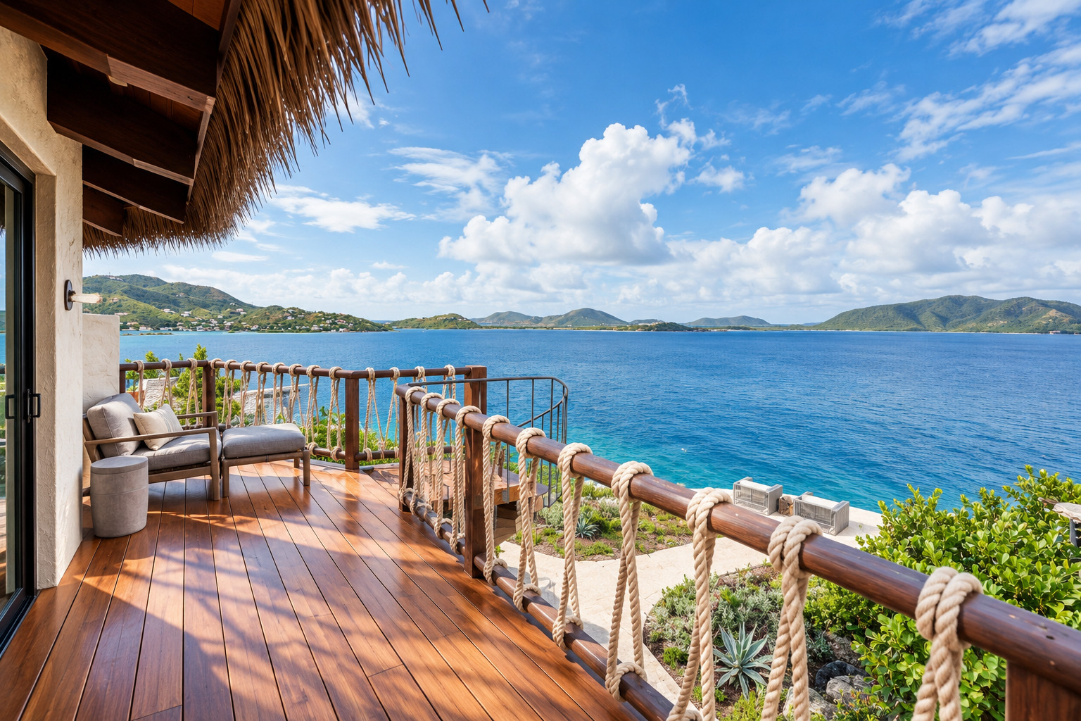 Oceanview deck with rope railing and lounge seating.