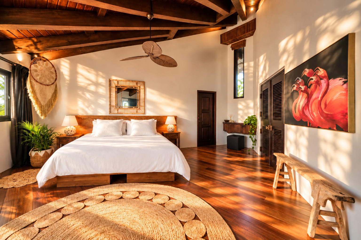 Bedroom with wood-beam ceiling and flamingo painting.