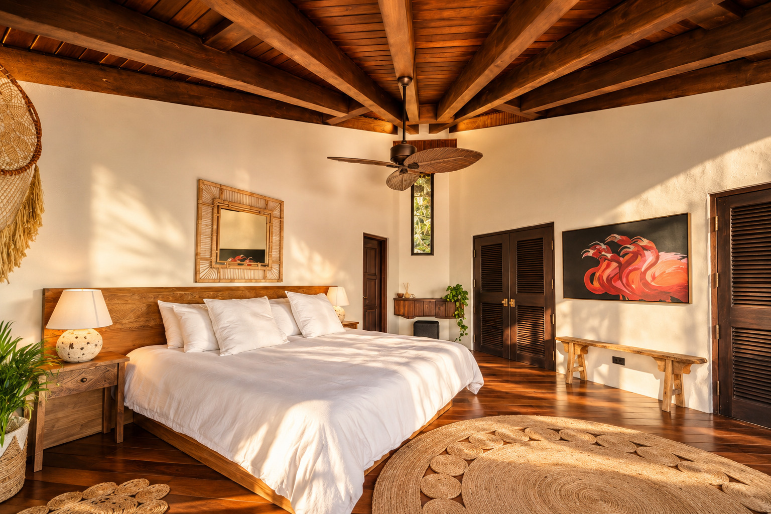 Bedroom with carved wood bed, rattan mirror, and flamingo artwork.