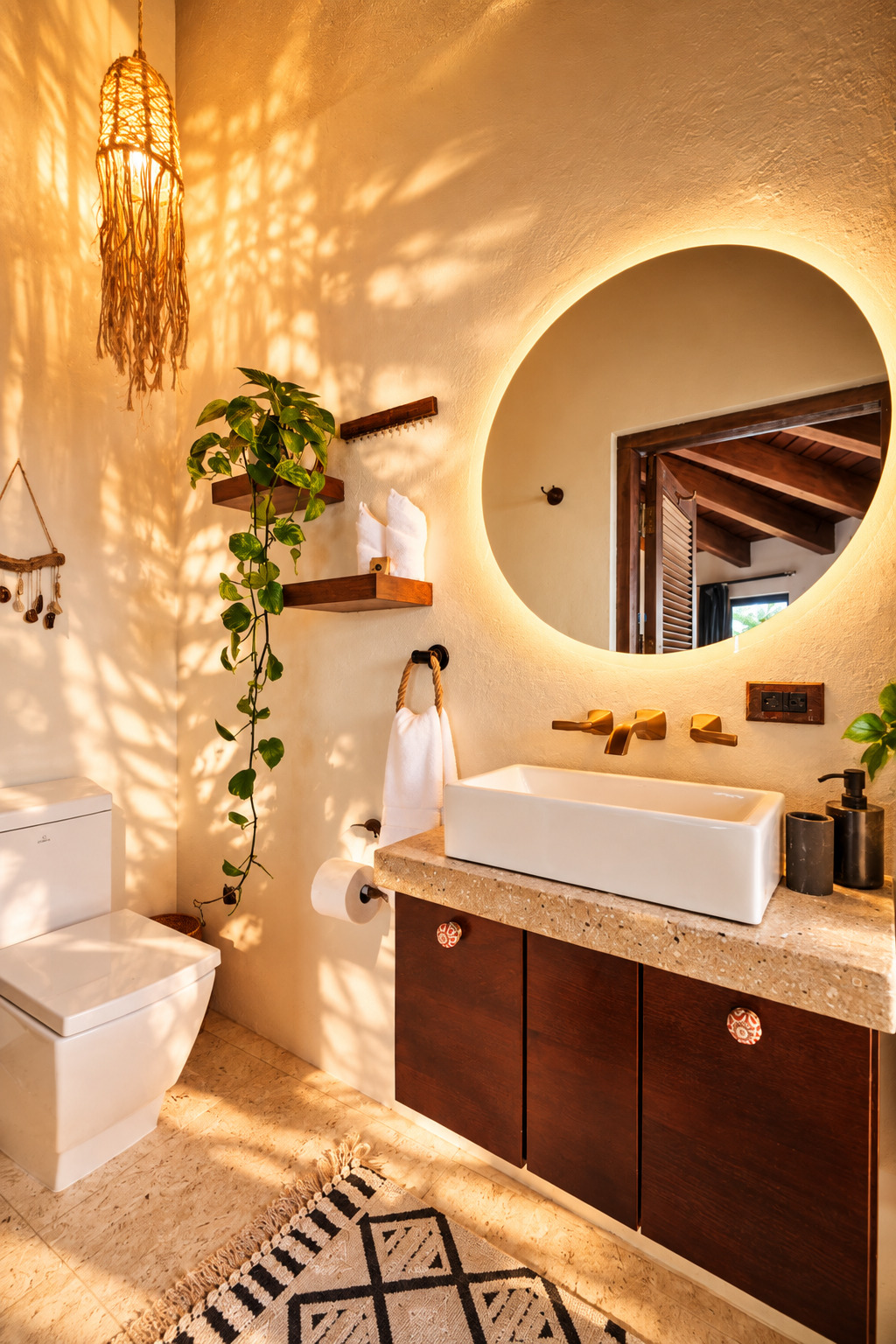 Bathroom vanity with round mirror and hanging macramé light.