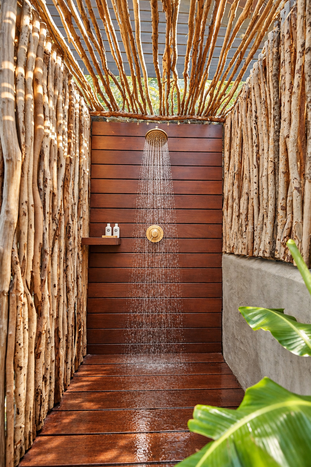Outdoor shower with driftwood walls and wood-plank flooring.