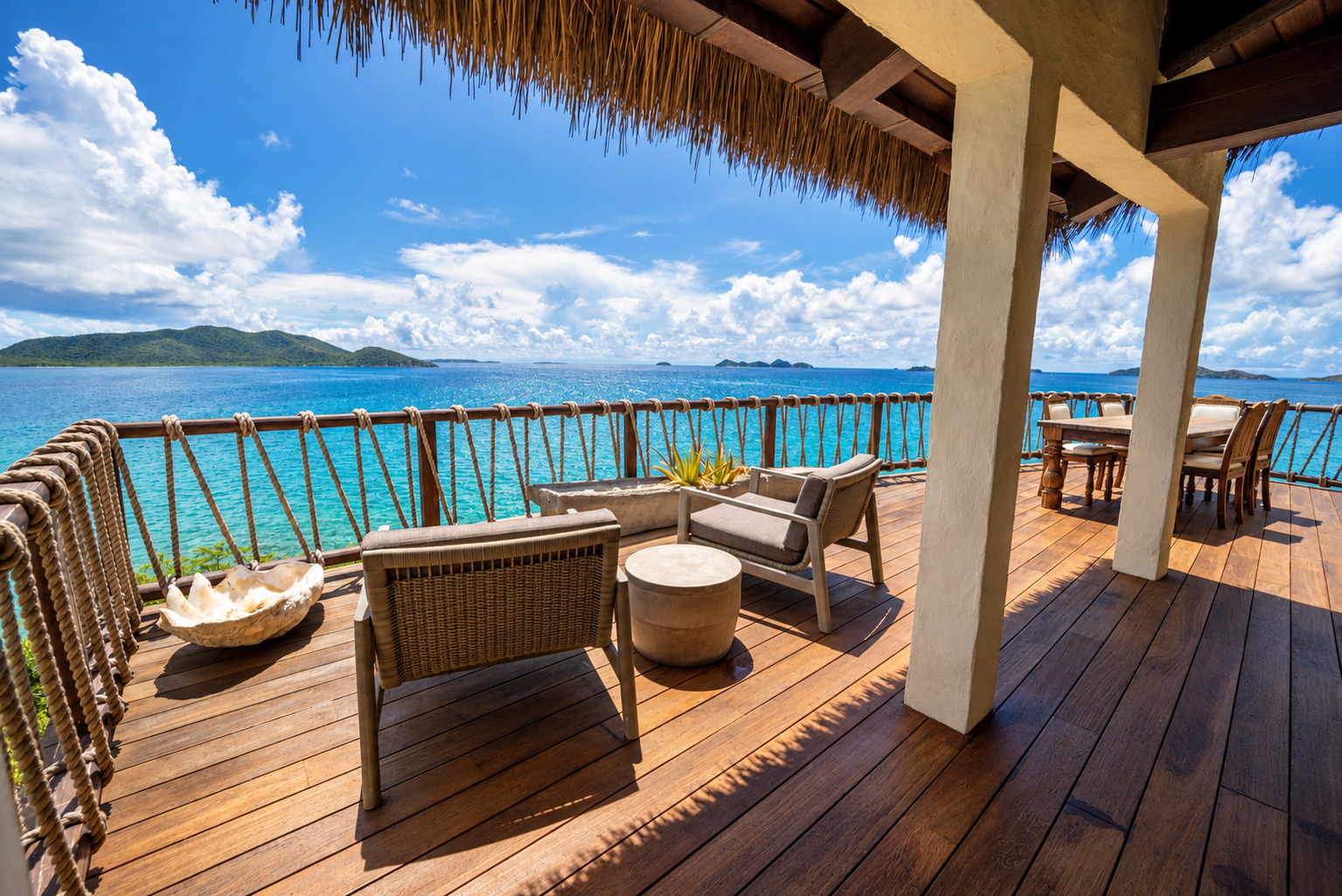 Ocean-view deck with lounge seating and dining area.