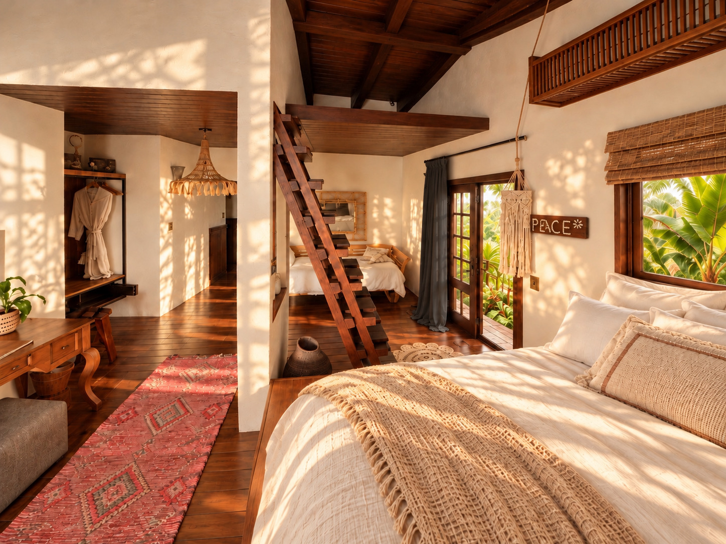 Bedroom suite at The Aerial, BVI with vaulted ceiling and king bed.