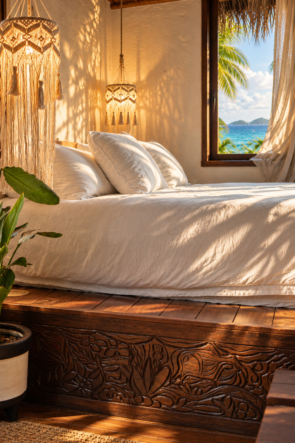 Bedroom with macramé pendant light, hammock, and ocean view.