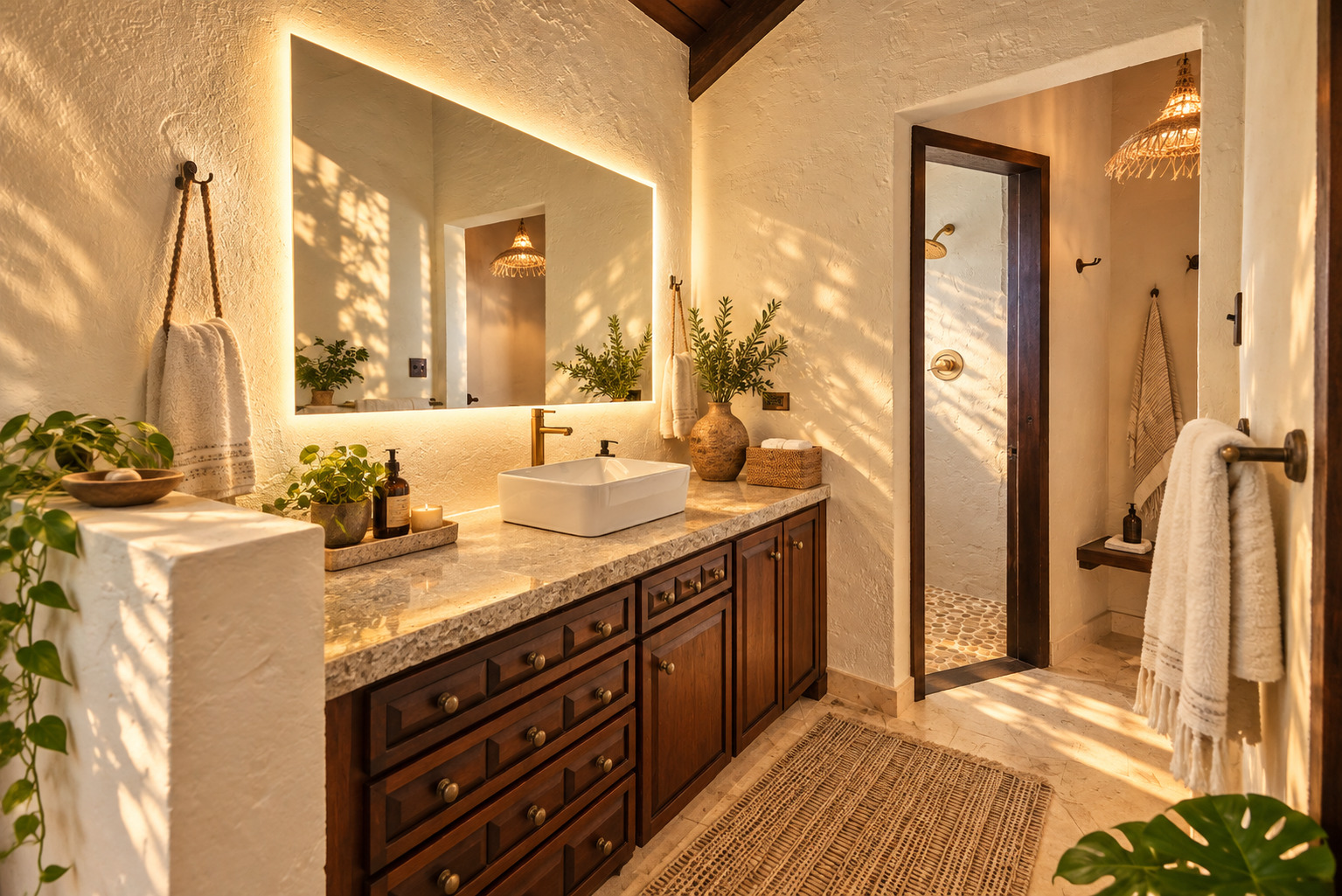 Bathroom vanity with backlit mirror and walk-in shower at The Aerial, BVI