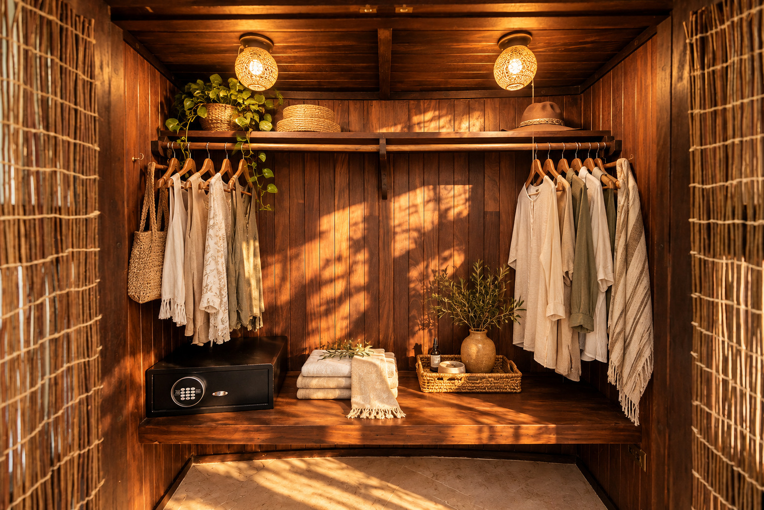 Wooden closet with hangers and in-room safe at The Aerial, BVI
