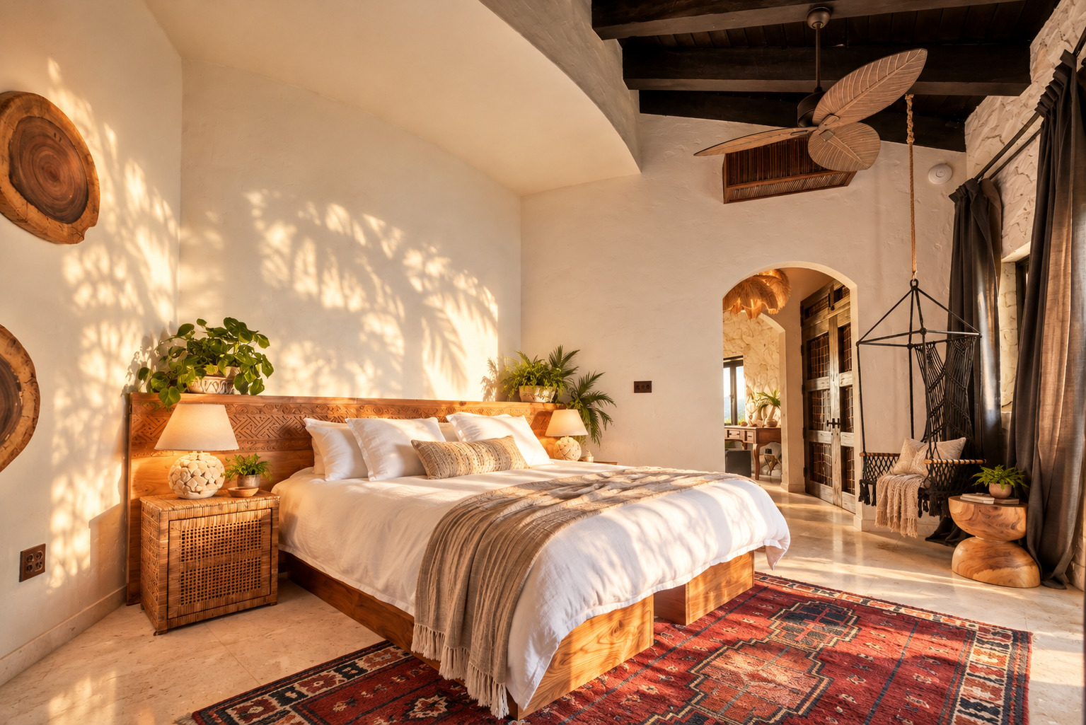 King bed with hanging chair and stone archway in the Presence room at The Aerial, BVI