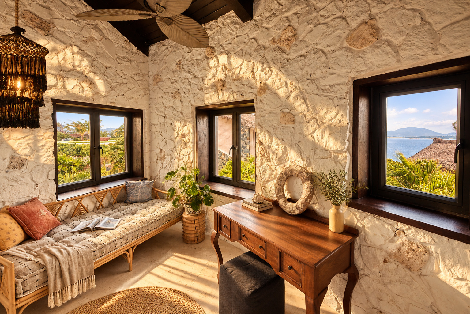 Reading nook with daybed and ocean-view windows at The Aerial, BVI