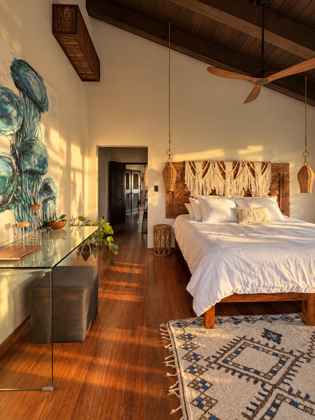 Bedroom with macramé headboard, ladder loft, and ocean-view balcony.