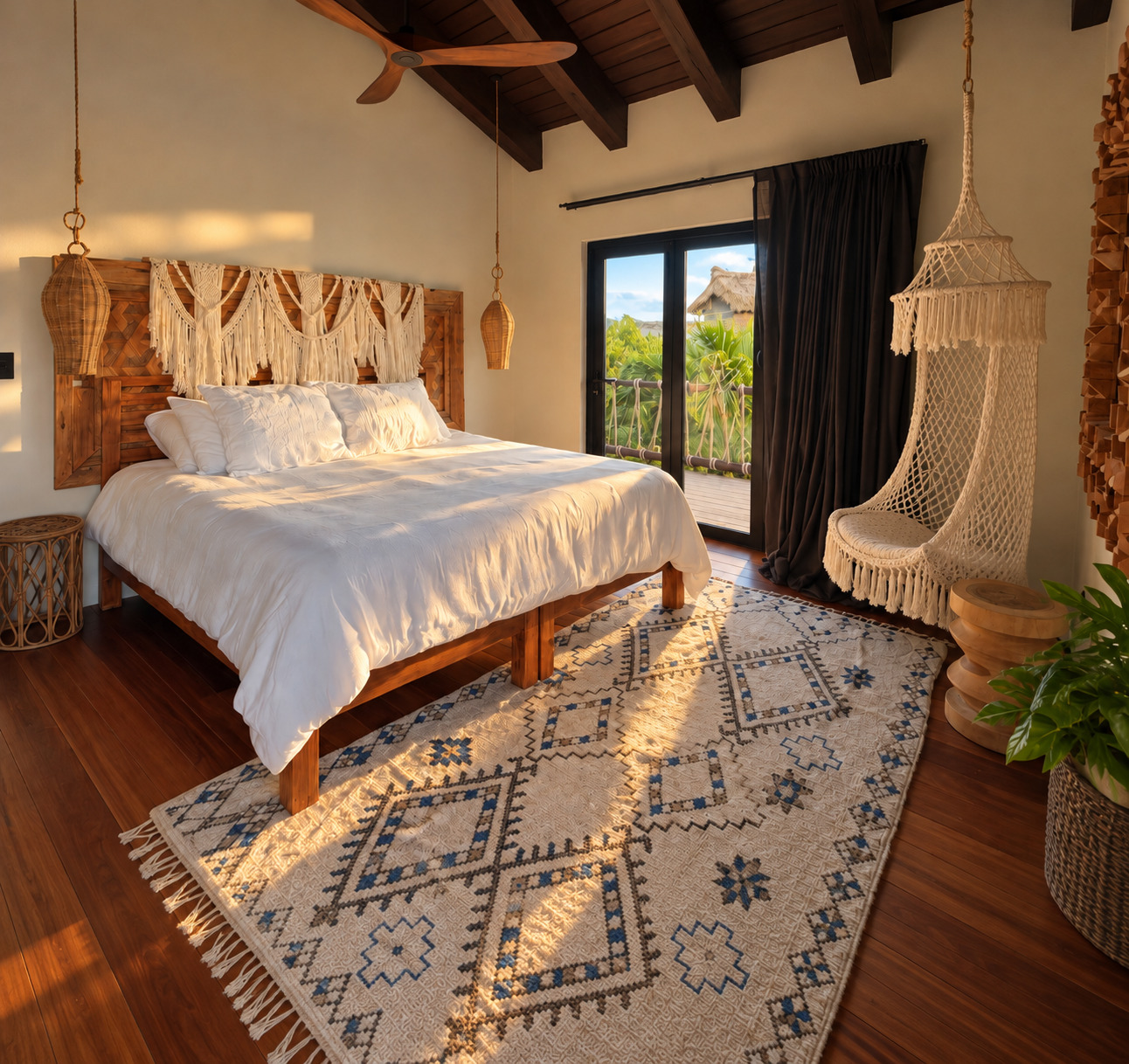 Bedroom with woven pendant lights and wood-framed mirror.