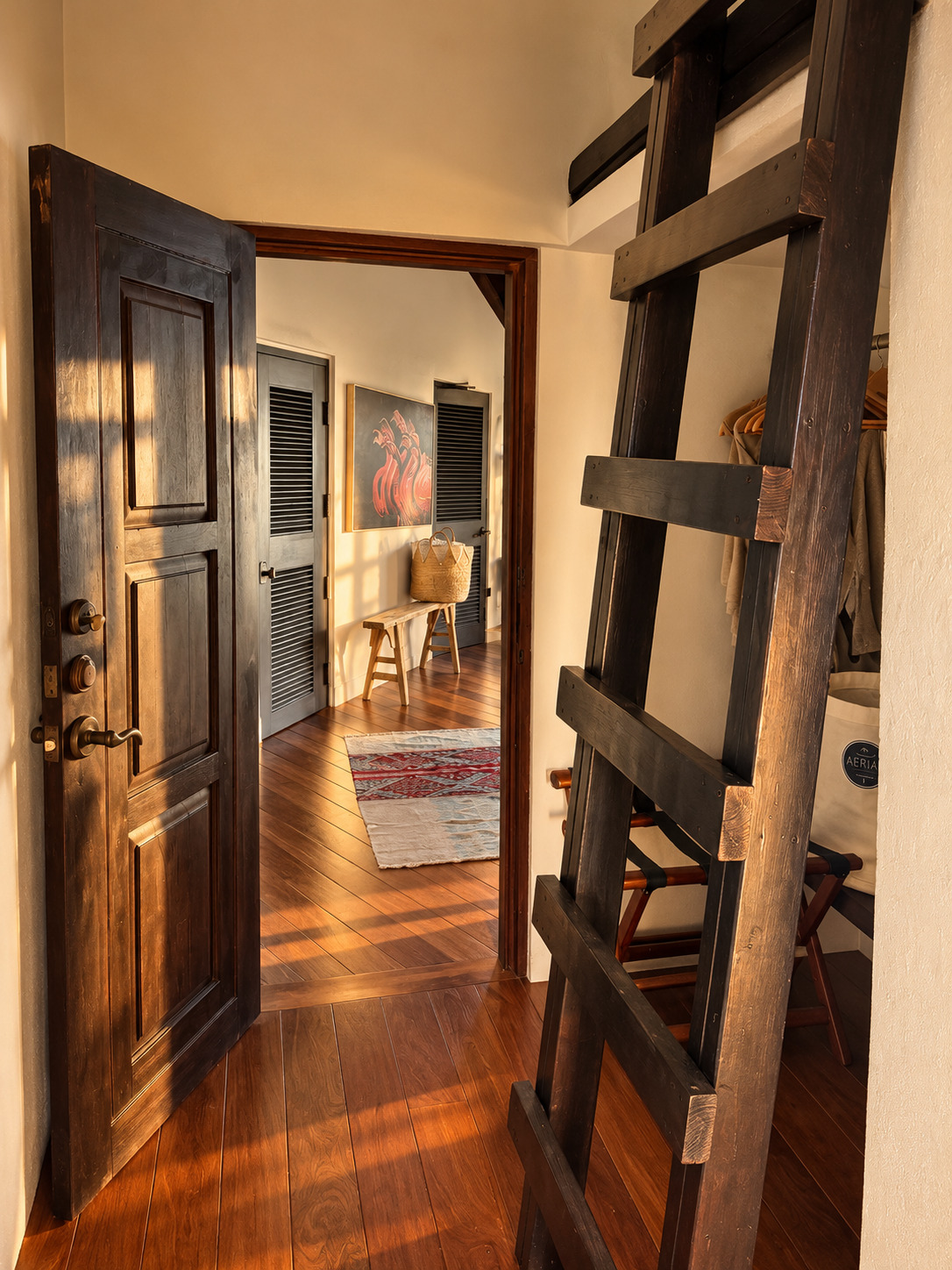 Wooden ladder leading to a loft nook above the room.