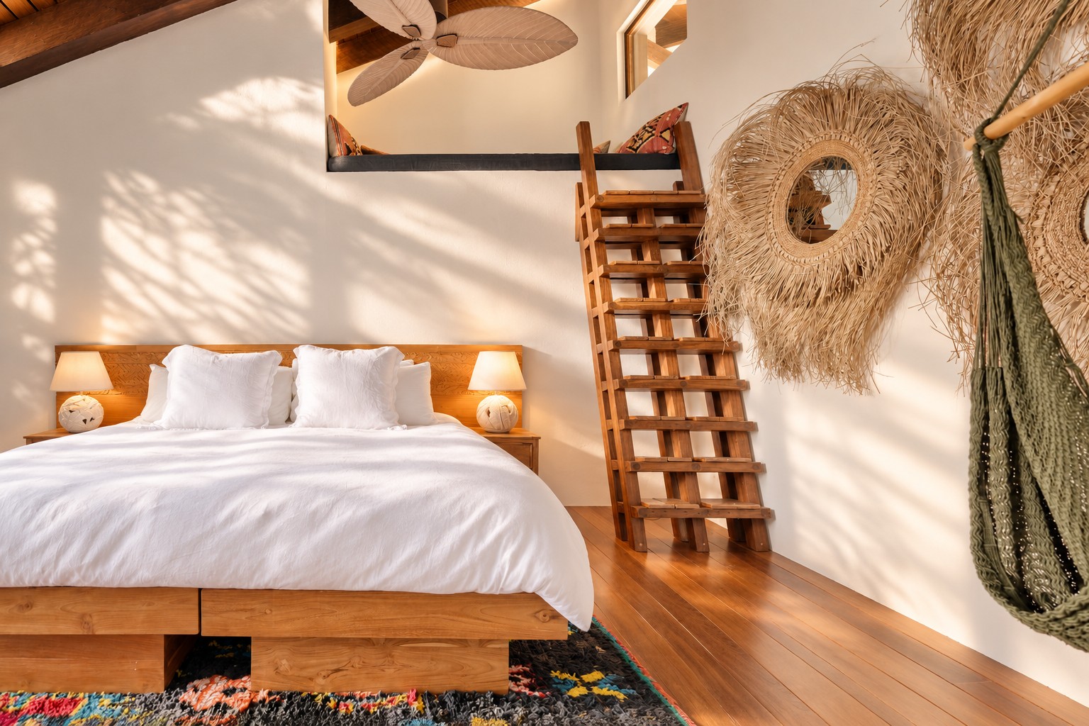 Bedroom with carved headboard, ladder, and hanging fiber decor.