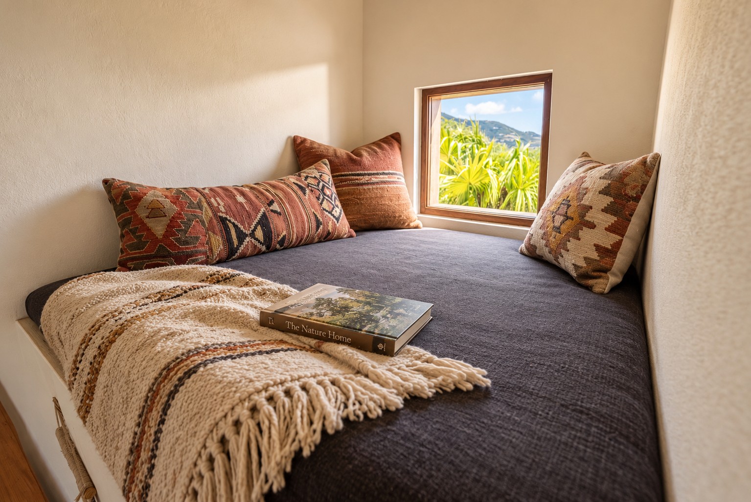 Loft nook with macramé decor with outside view