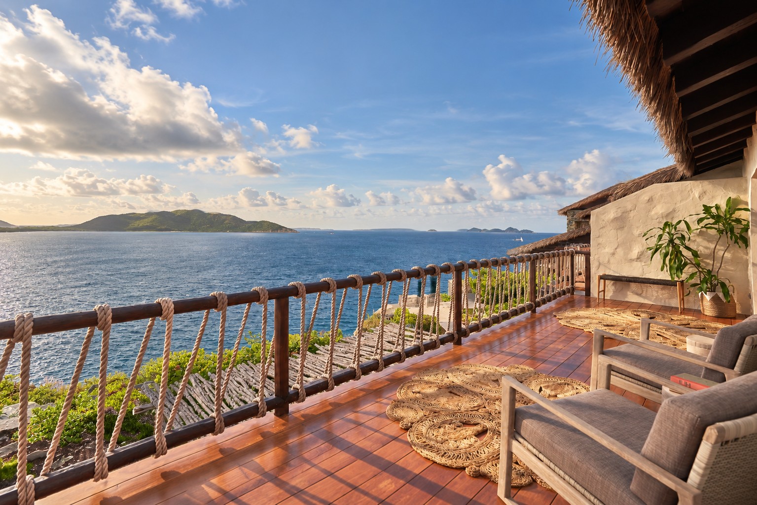 Oceanview deck with lounge seating and thatched roof overhang.