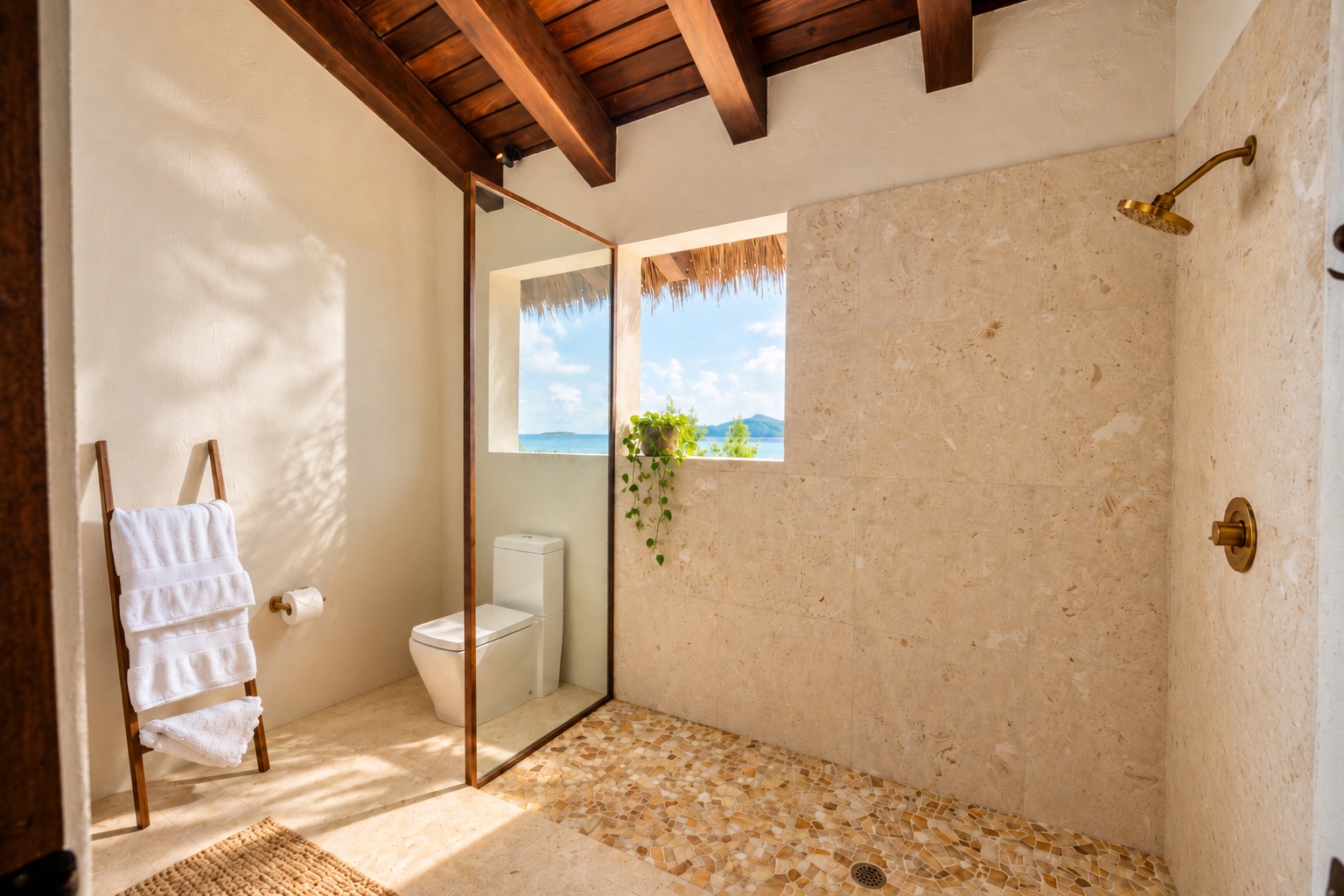 Open-air bathroom with glass shower and exposed wood beams.