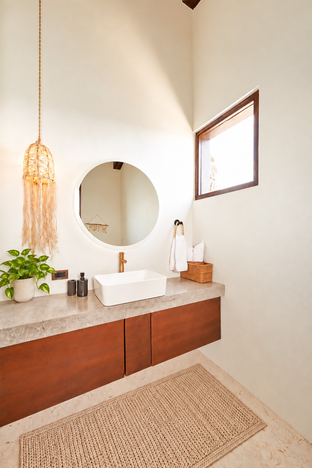 Bathroom vanity with round mirror and macramé pendant light.