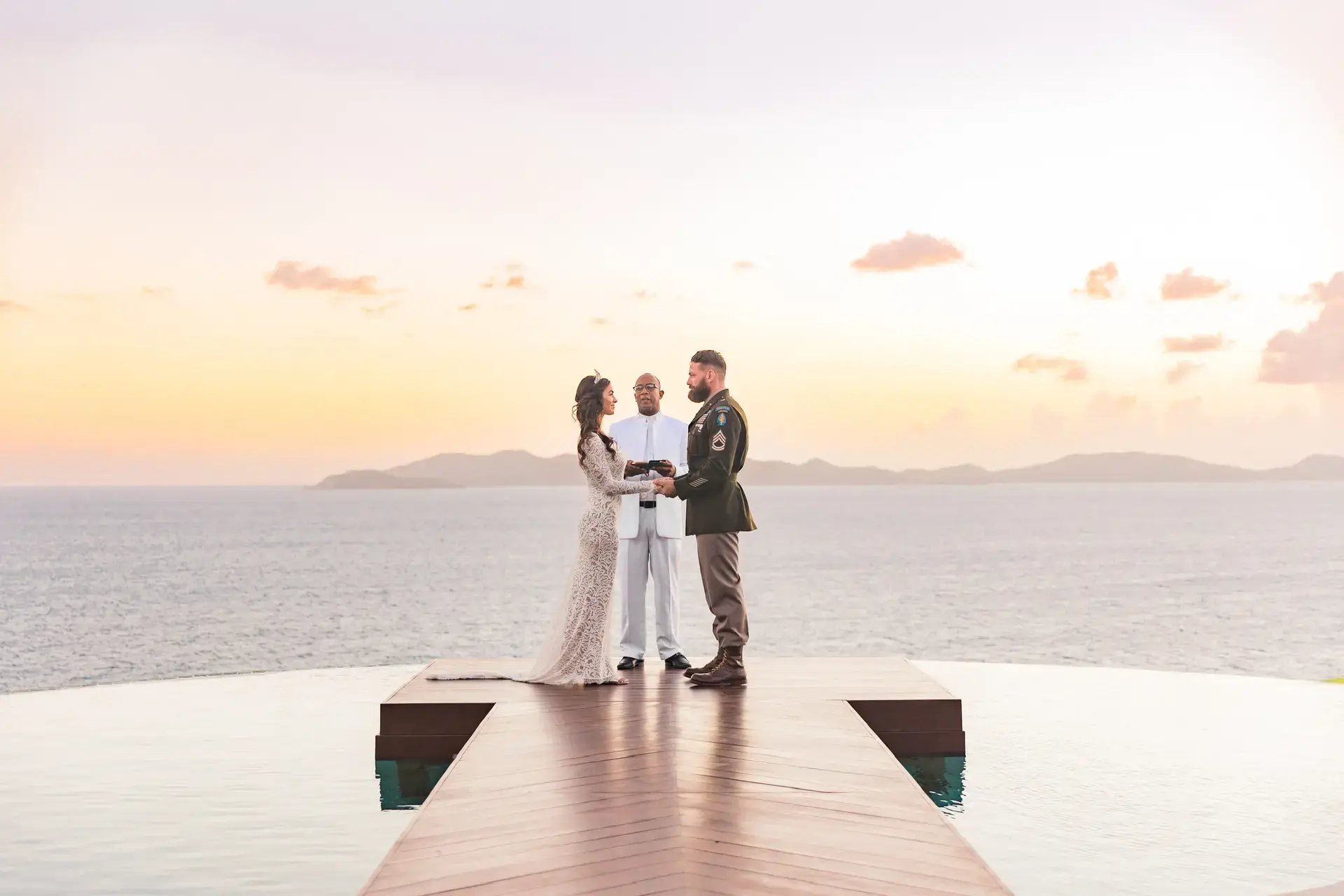 Wedding ceremony on the dock at sunset, The Aerial, BVI
