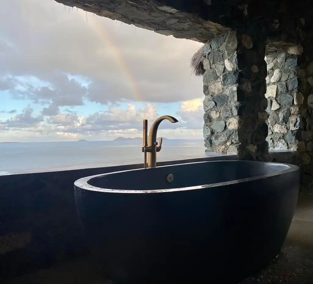 Freestanding tub with rainbow ocean view at The Aerial, BVI