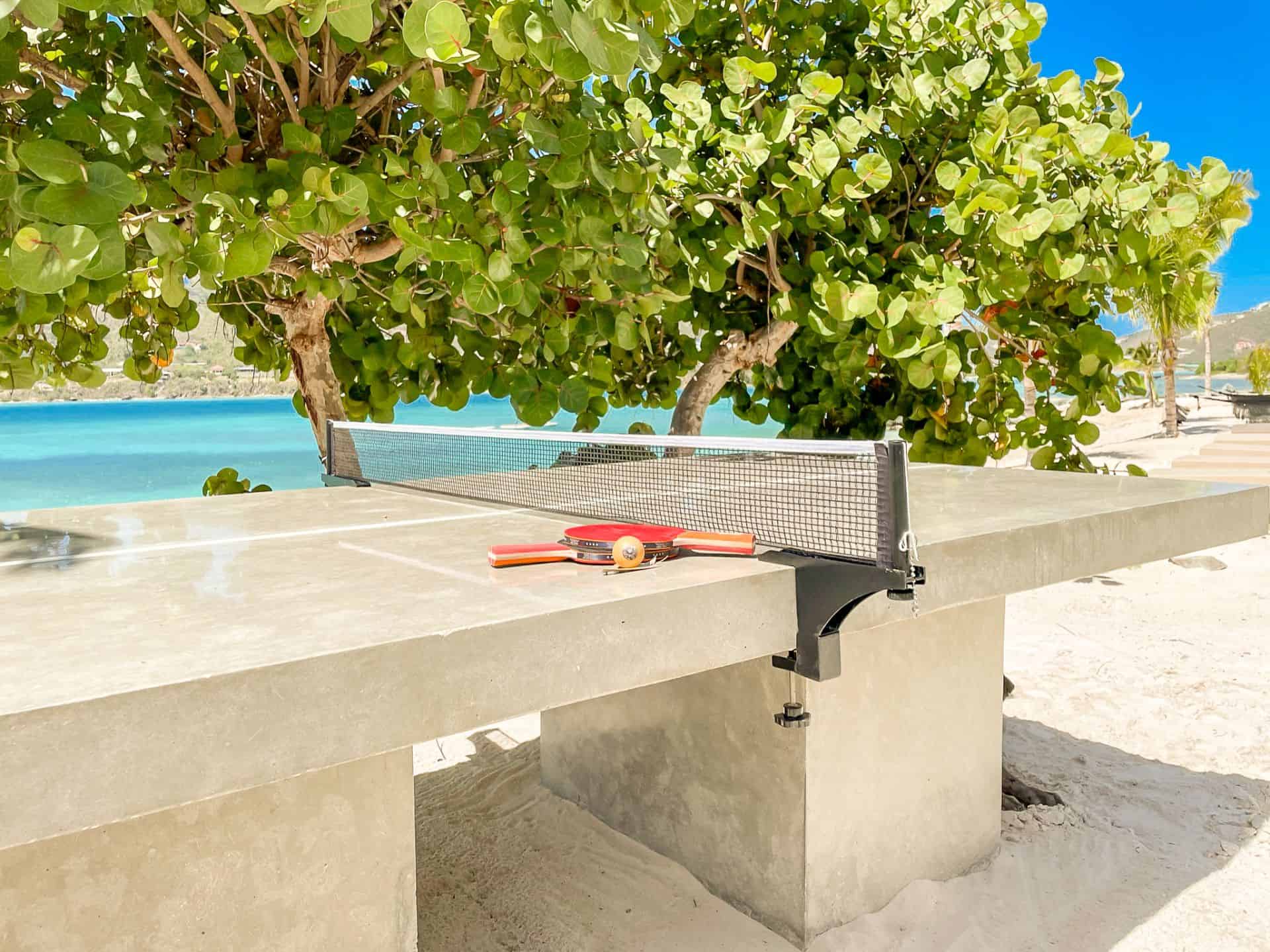Outdoor ping pong table overlooking the ocean at The Aerial, BVI.