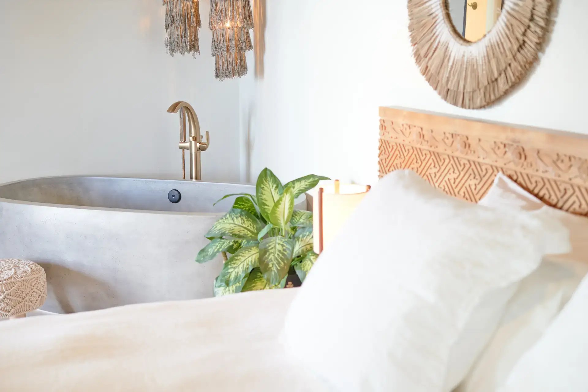 Freestanding tub with macrame decor at The Aerial, BVI