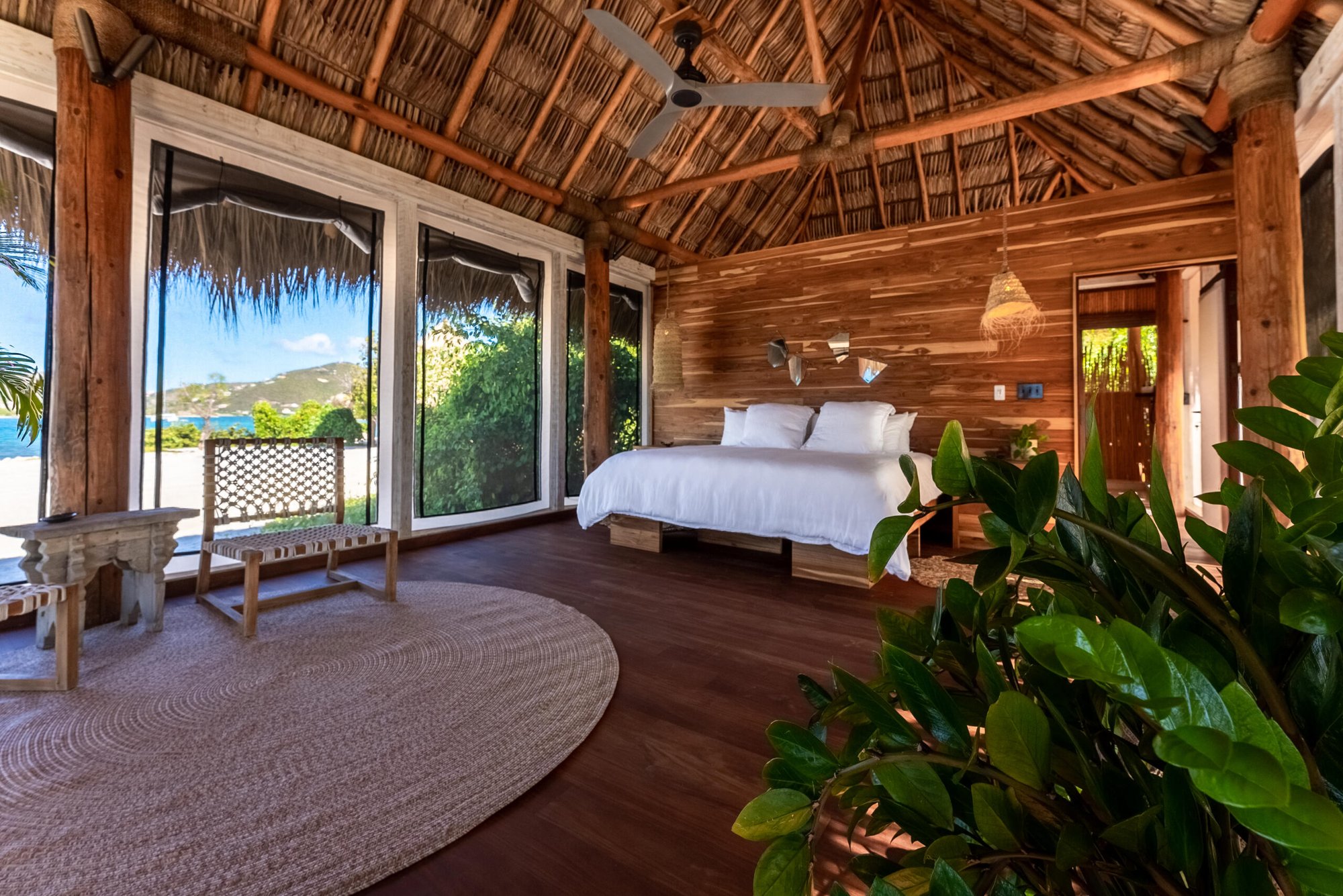 Bedroom with plants, round rug, and thatched roof overlooking the coast.