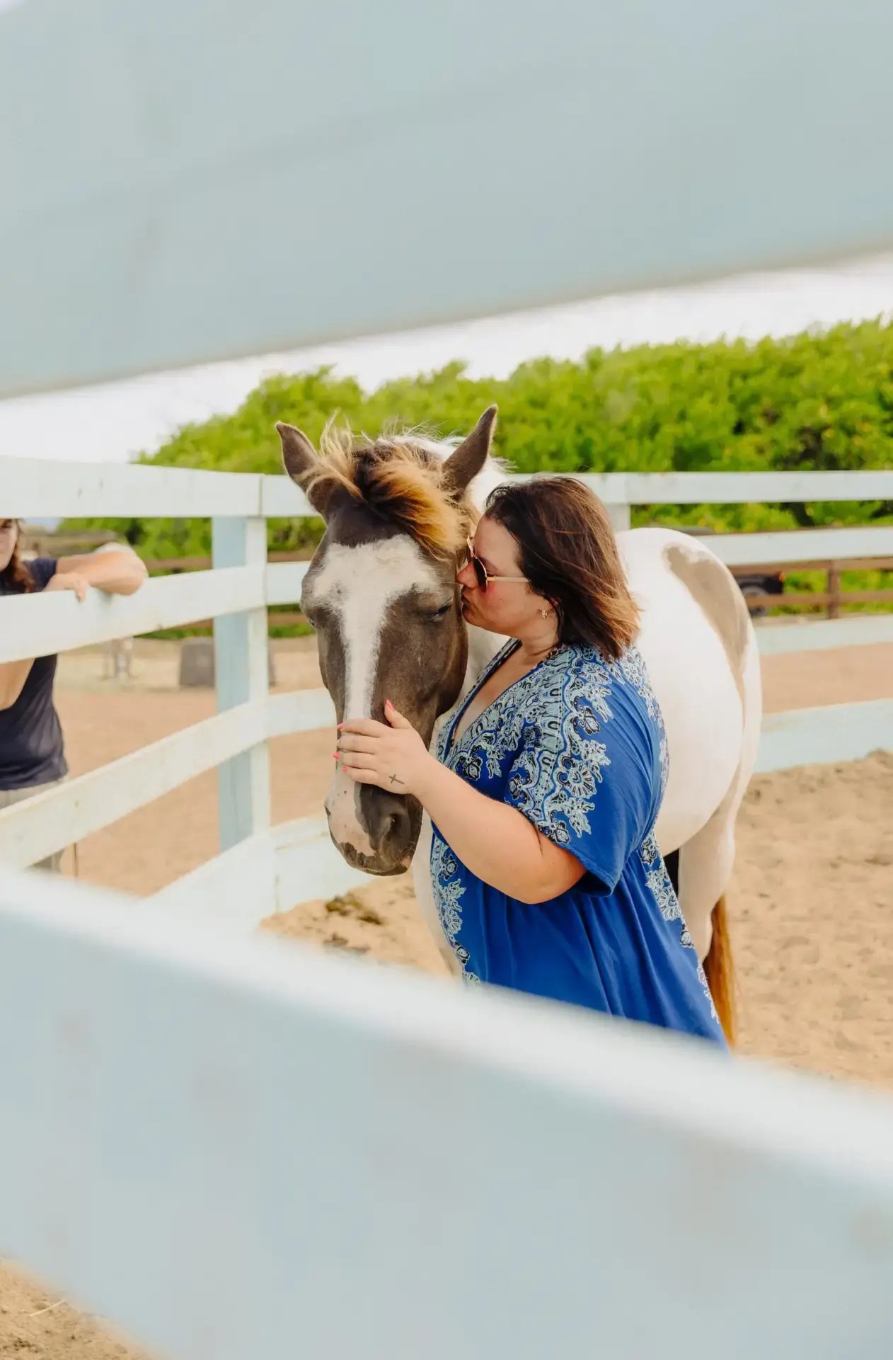 Woman petting a horse over a fence at Redemption Ranch, The Aerial BVI