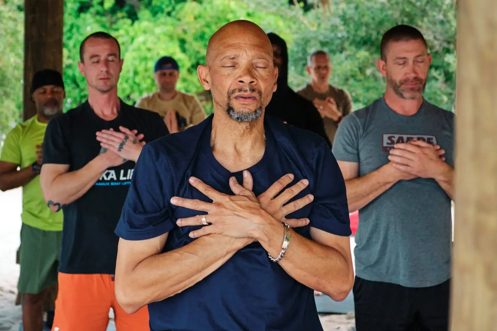Veterans in a breathwork session with Aerial Recovery at The Aerial, BVI