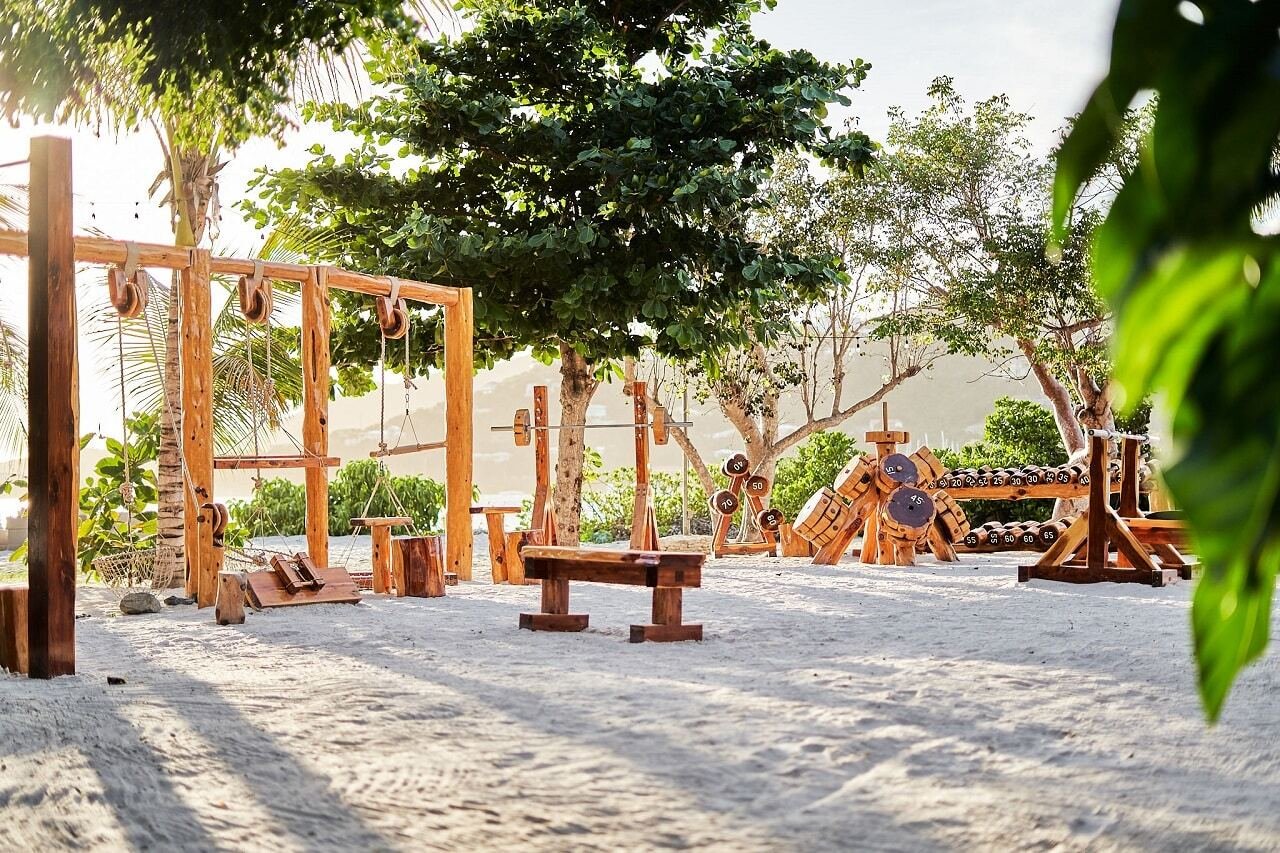 Outdoor beach gym equipment on the sand at The Aerial, BVI.