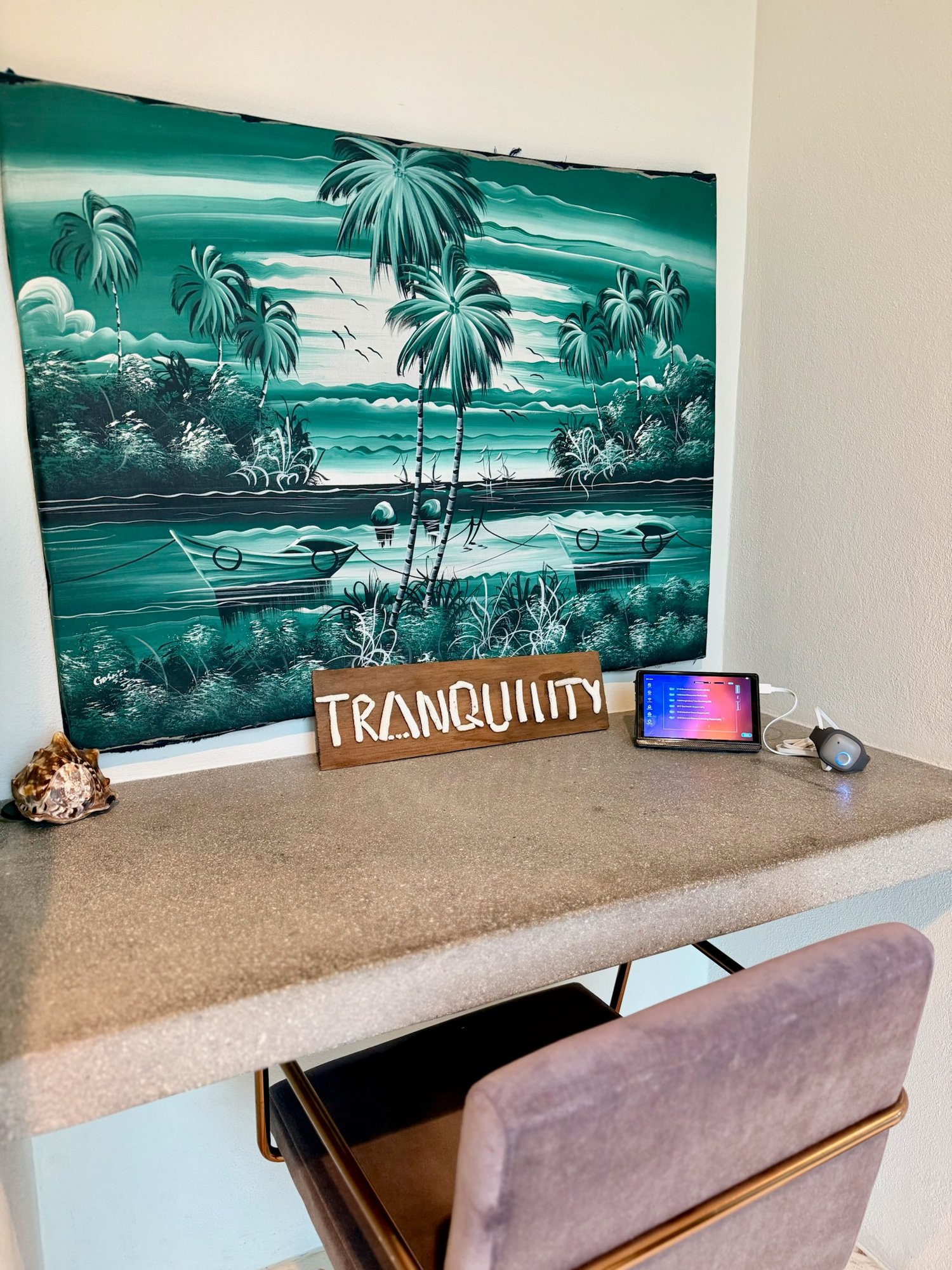 Nightstand with Zen Vein tablet displaying tranquility settings.