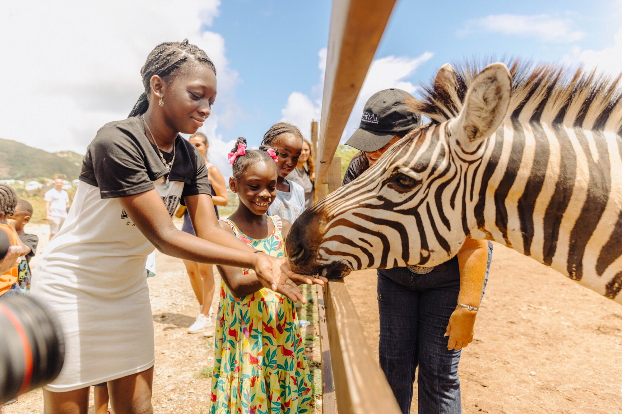 Children petting a rescue zebra at Redemption Ranch, The Aerial BVI