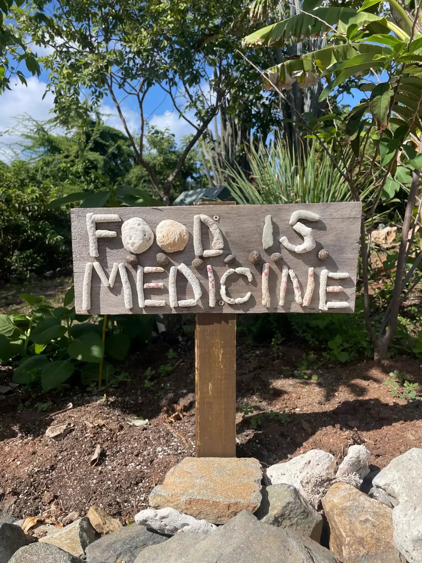 'Food is Medicine' sign at the Island Farmacy garden, The Aerial, BVI