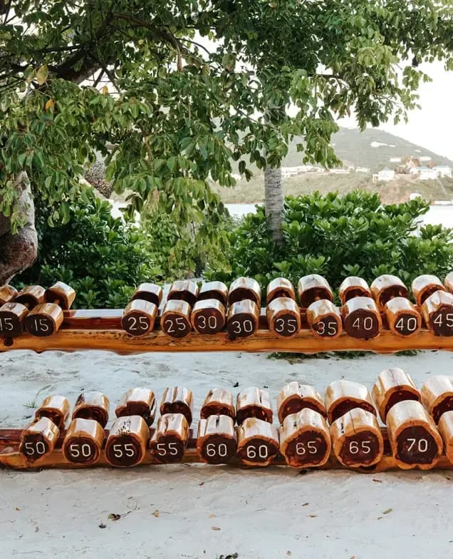 Wooden weights lined up for a workout session at The Aerial, BVI