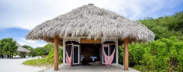 Thatched pavilion with hammocks at The Aerial, BVI