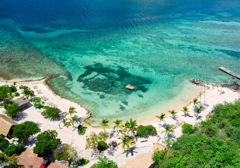Aerial view of a tropical island cove