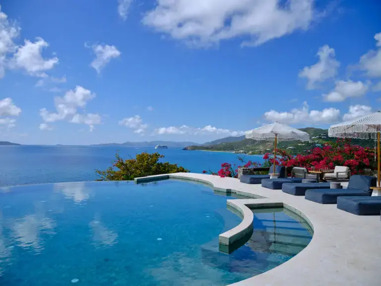 Infinity pool overlooking the ocean at a private island resort