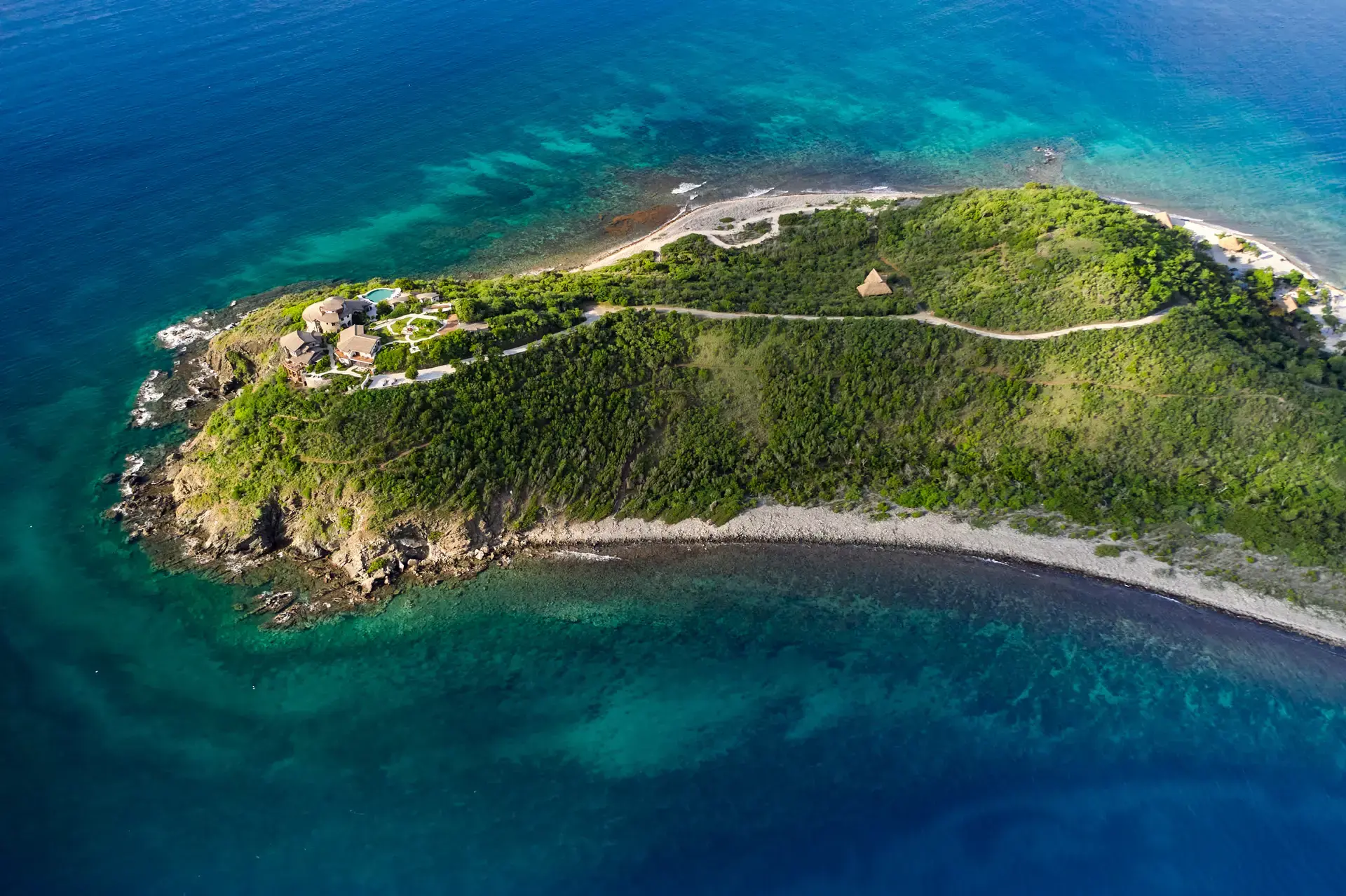 Aerial view of The Aerial, BVI island approaching by boat