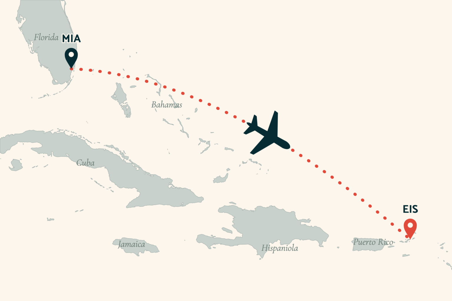 Flight route map from Miami to the BVI