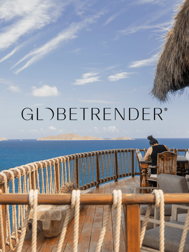 Globetrender logo over an ocean-view deck