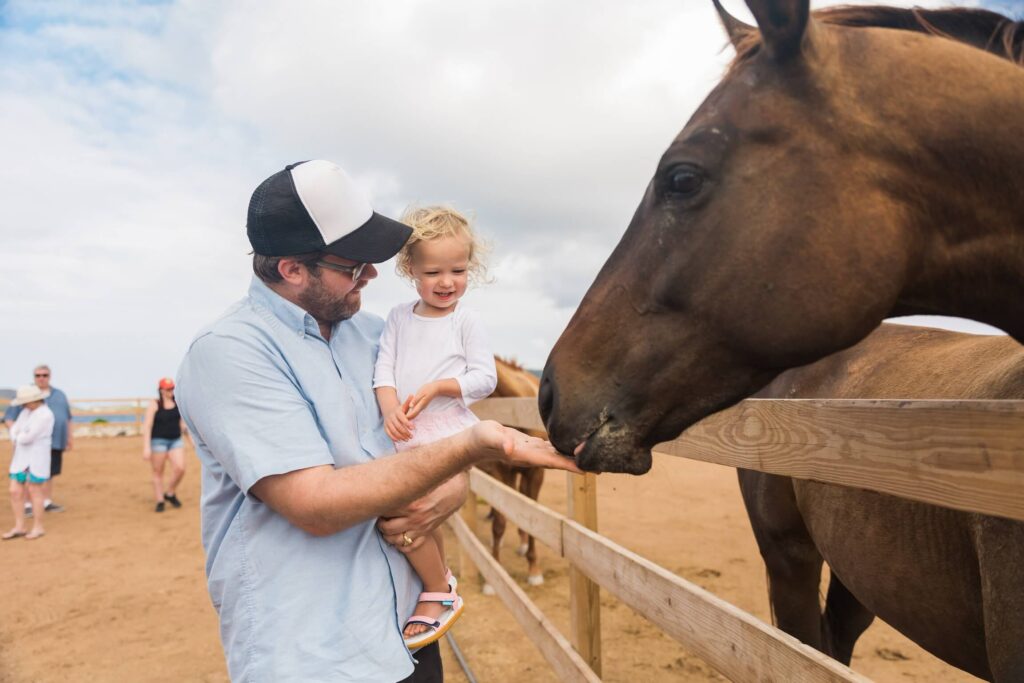 Father holding a young child while feeding a brown horse at a fenced ranch area.